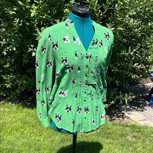 Anthropologie Green Blouse with Dog Pattern